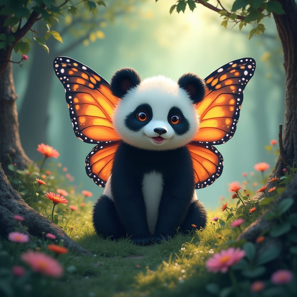 Pandamariposa: Panda with Butterfly Wings in Whimsical Fores...