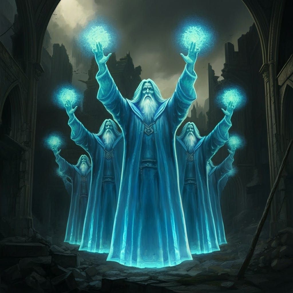 Shimmering Wizard Holograms Over Ruined Castle