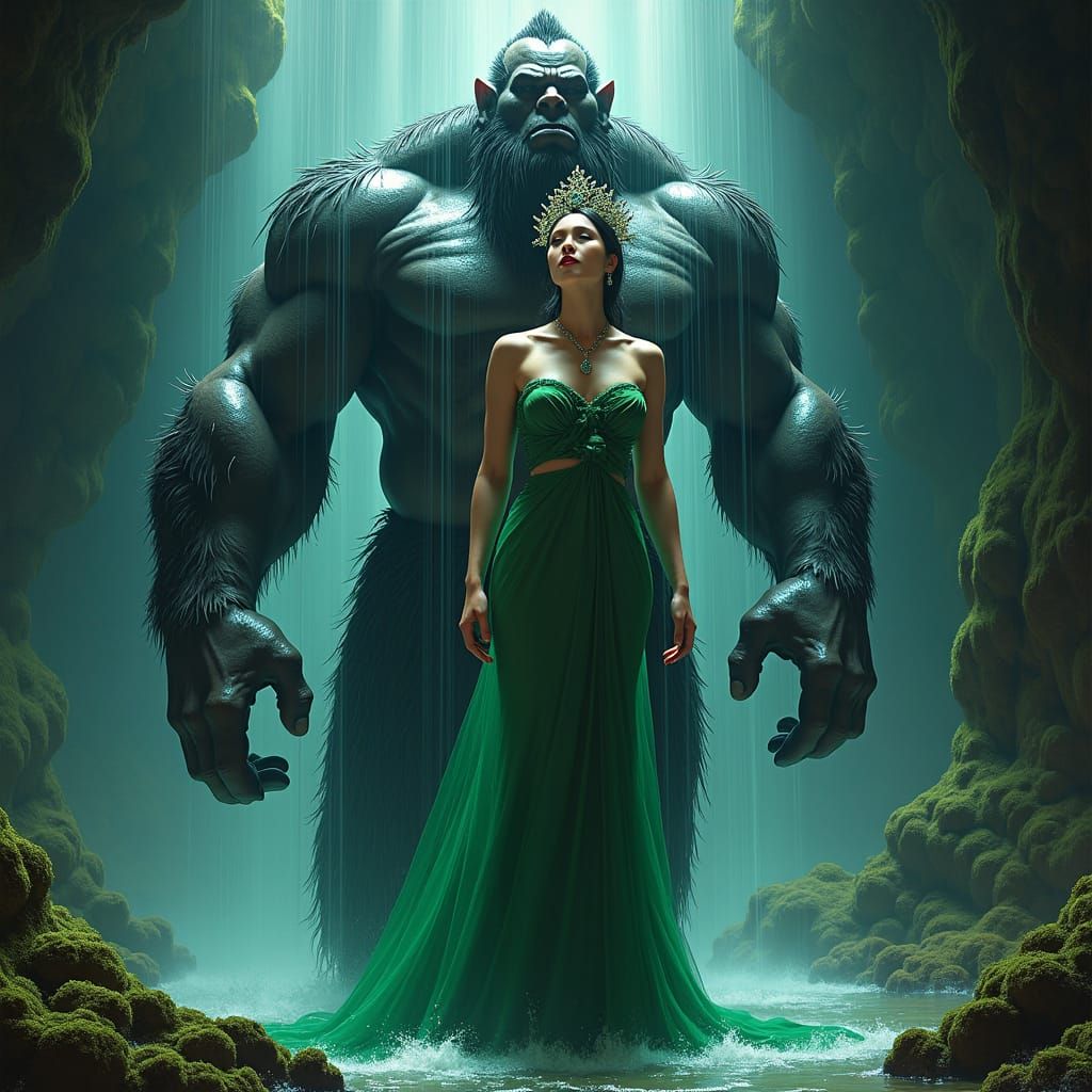 Asian Queen Receives Ogre Shower in Fantasy Cave