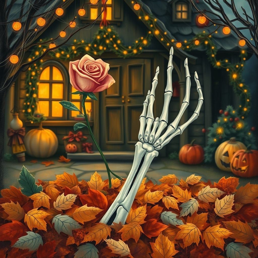 Skeletal Hand with Rose in Autumn Cottage Scene