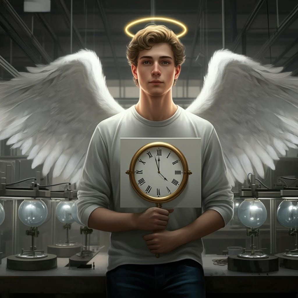 Angel Man in Factory Holding Hourglass
