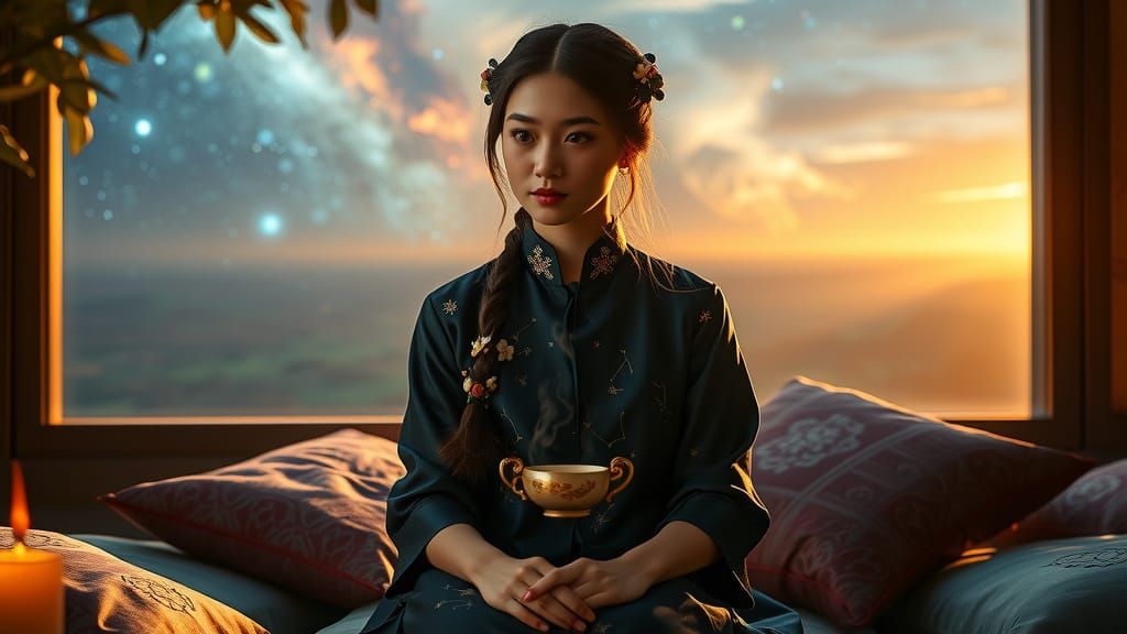 Ethereal Chinese Beauty in Serene, Celestial Setting