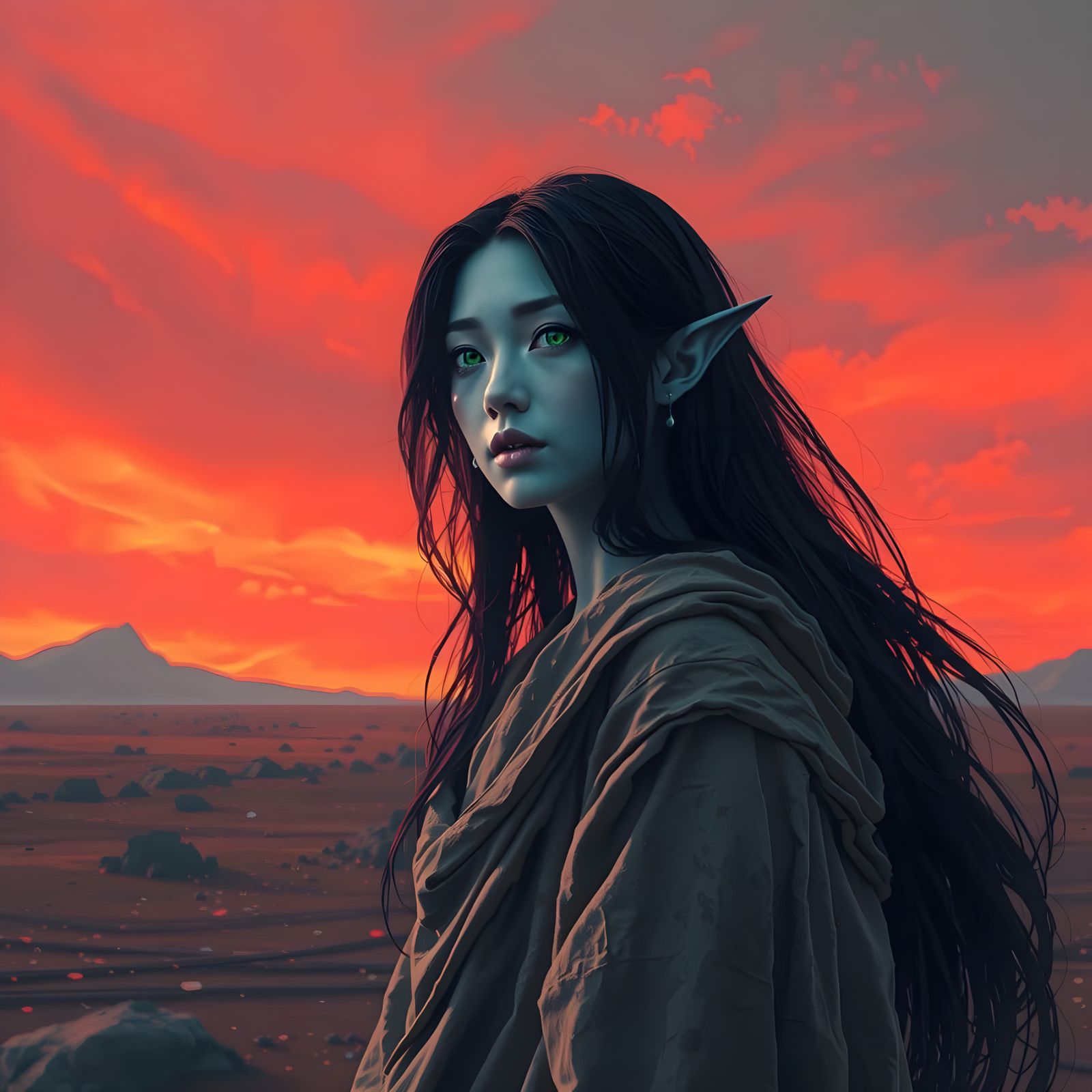 Alien Beauty in Crimson Sky: Digital Concept Art