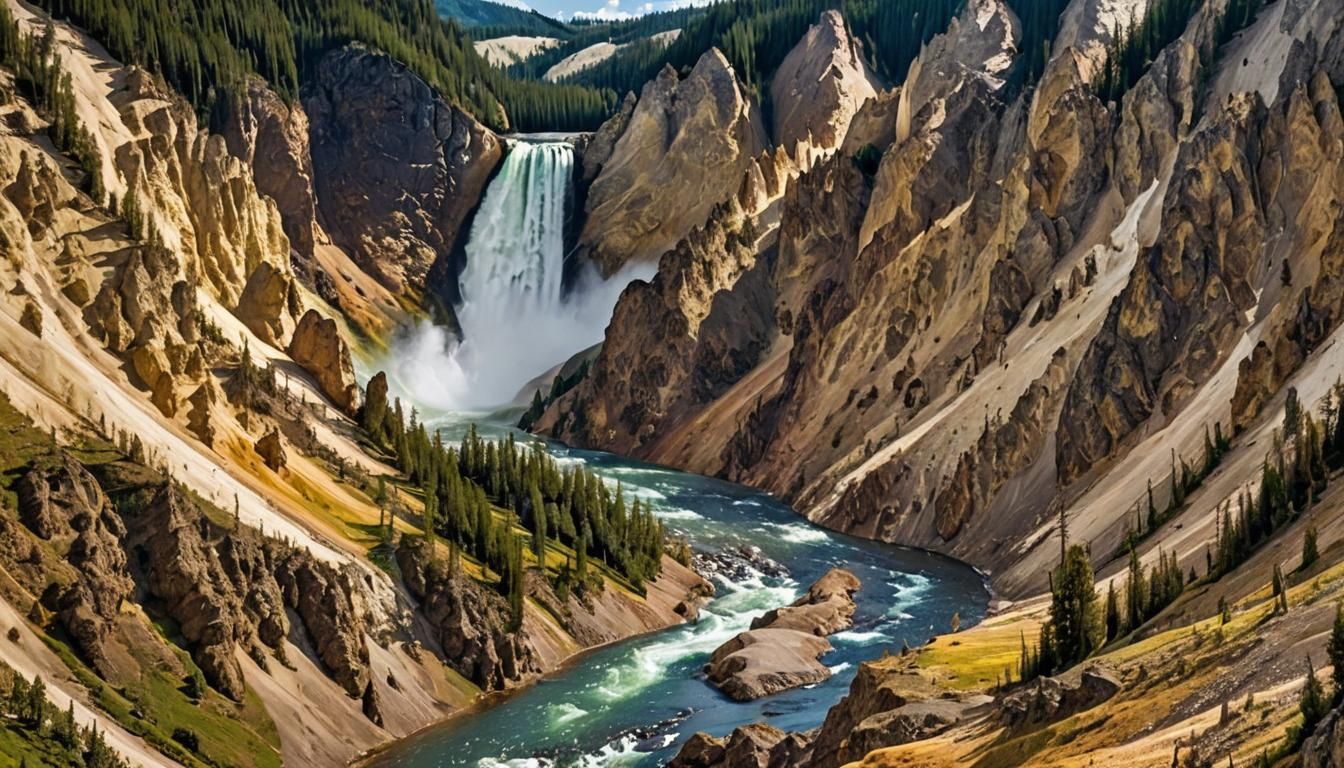 Hyperrealistic Yellowstone Waterfall and Mountain Stream