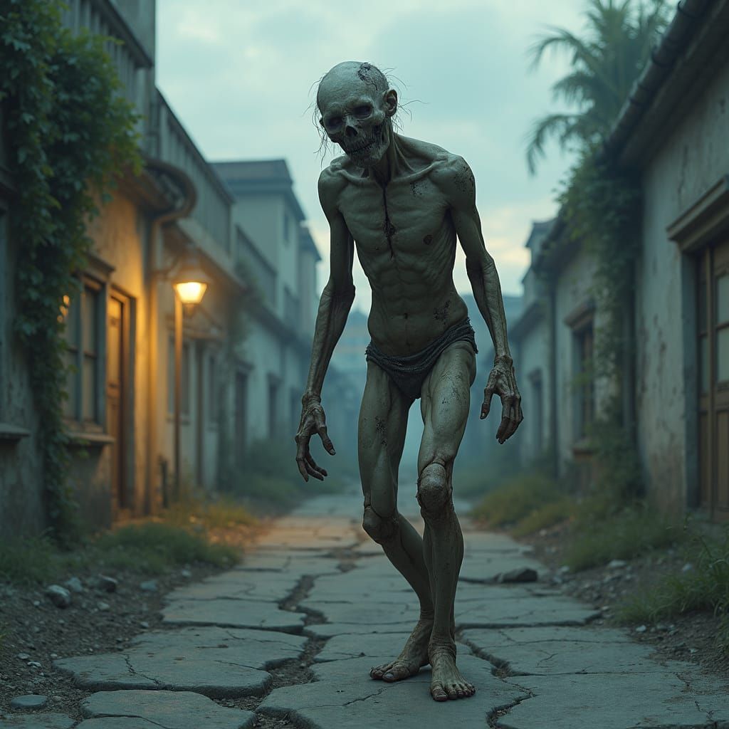 Hyper-Realistic Decayed Figure in Abandoned Cityscape