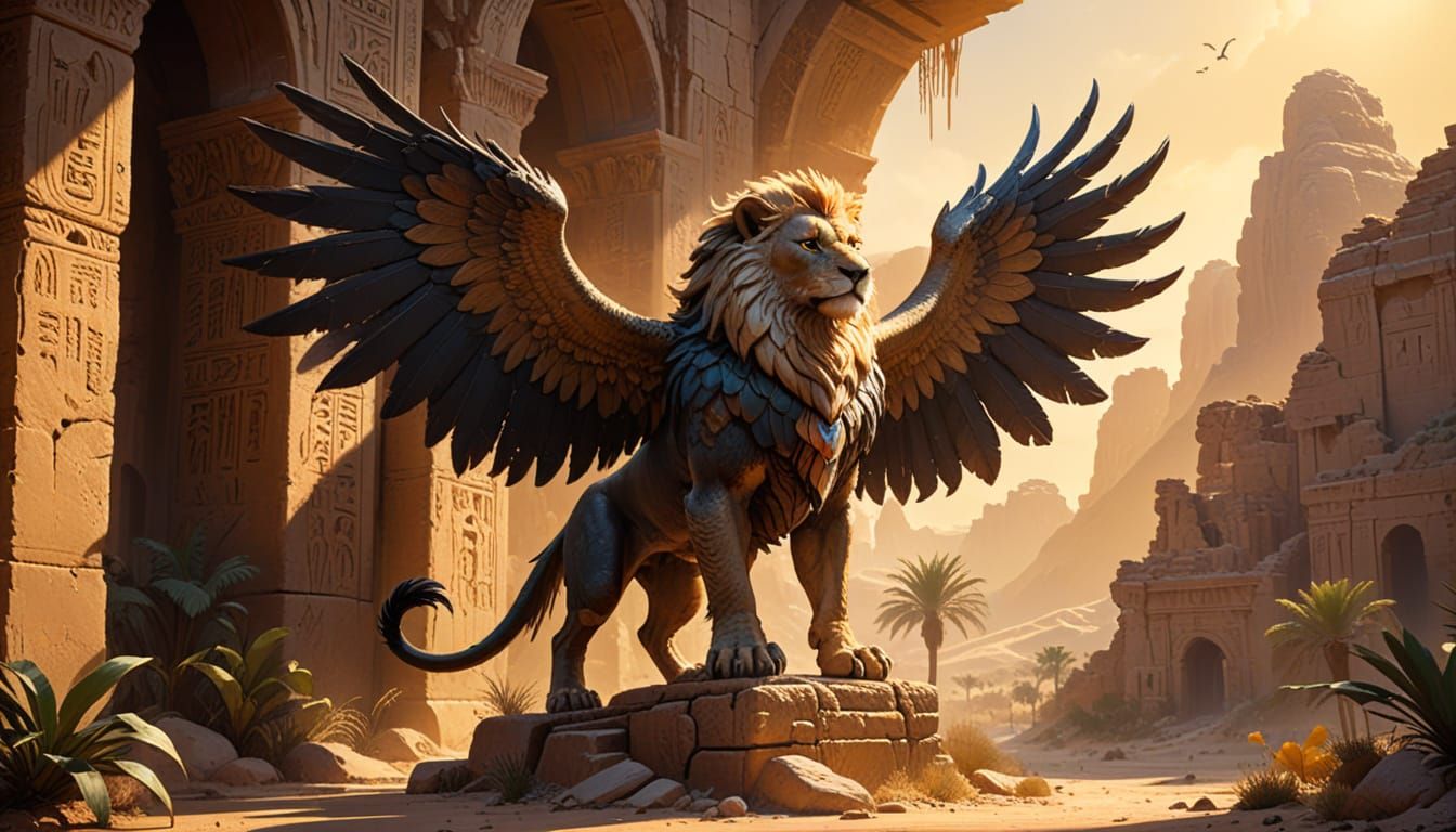Majestic Gryphon in Golden Egyptian Oasis