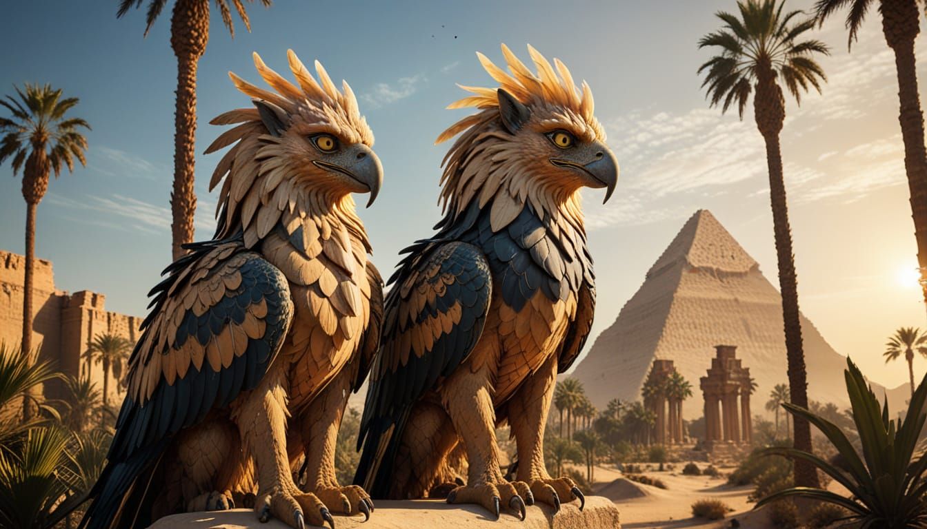 Surrealistic Egyptian Oasis with a Majestic Gryphon