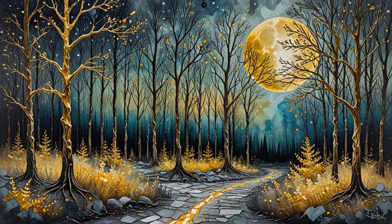 Dreamy Forest Scene Under Full Moonlit Sky in Vibrant Expres...