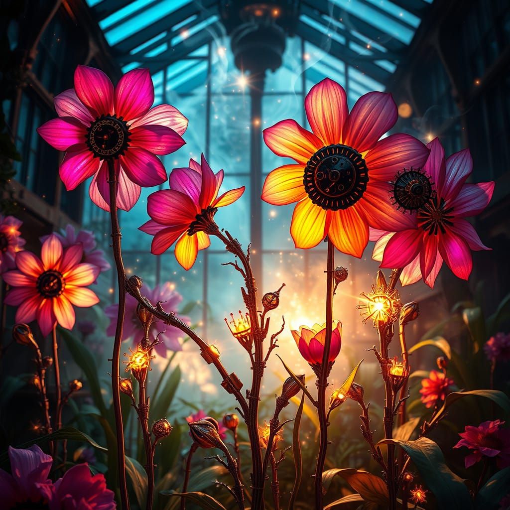 Cybernetic Blooms in a Magical Steampunk Greenhouse