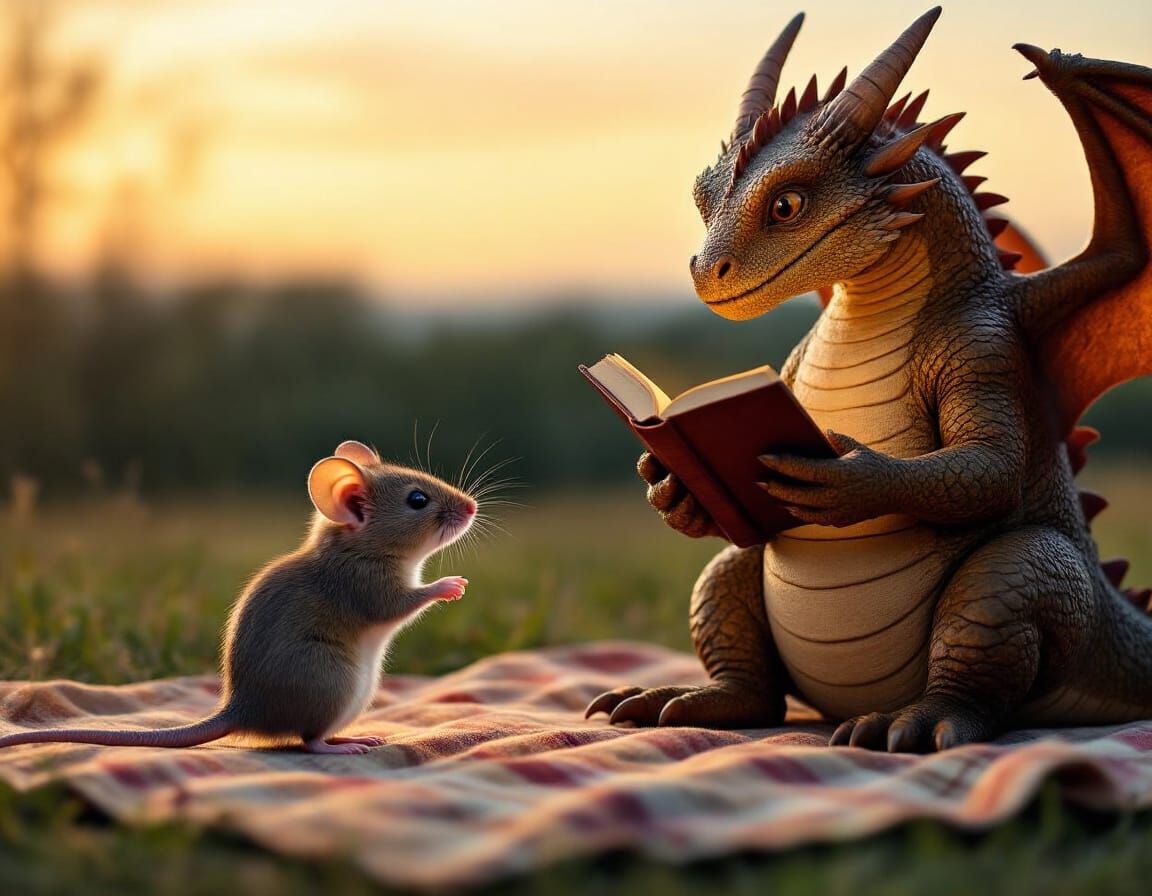 Shy Mouse Approaches Dragon Reading Book