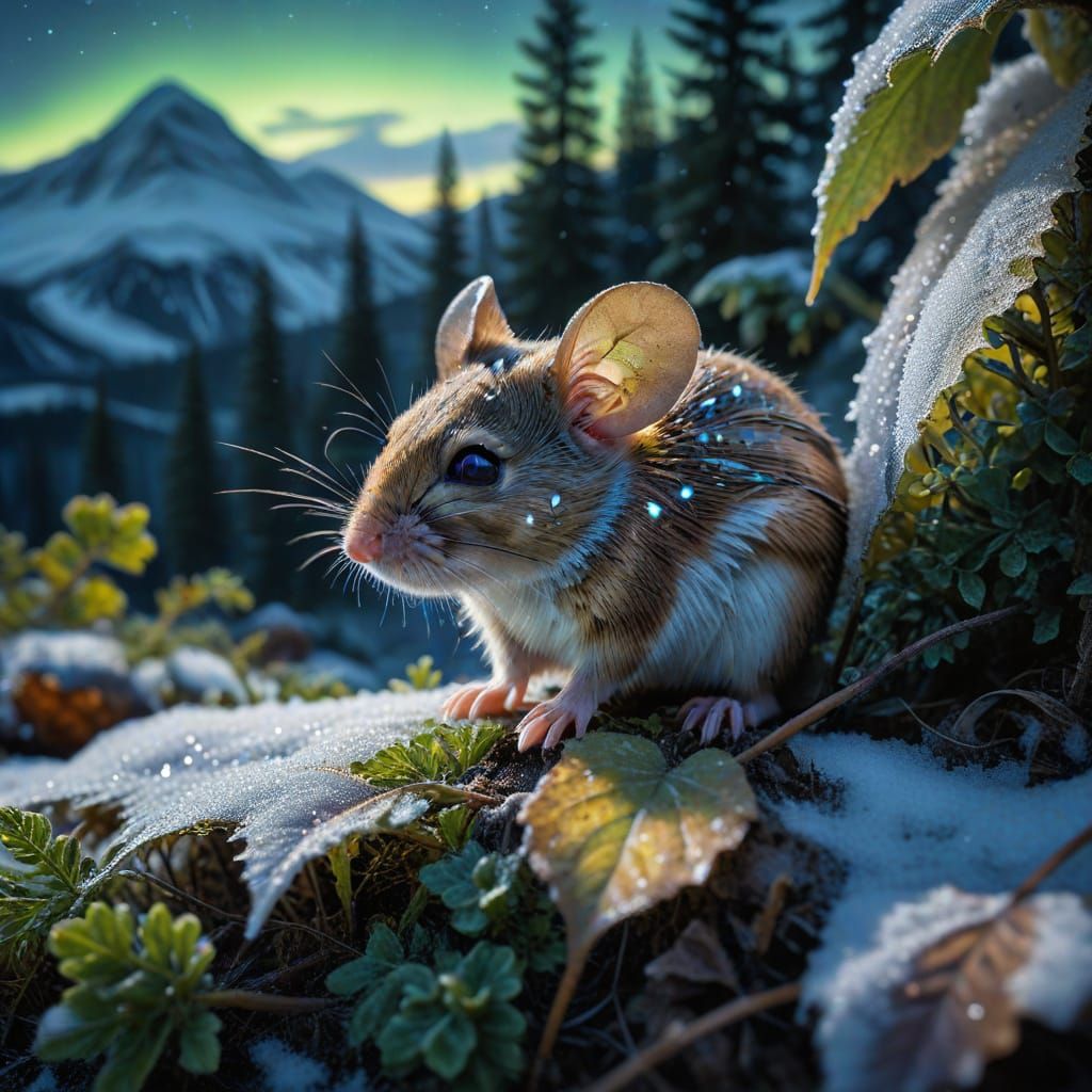 Mouse under Aurora Borealis: Photorealistic Winter Scene