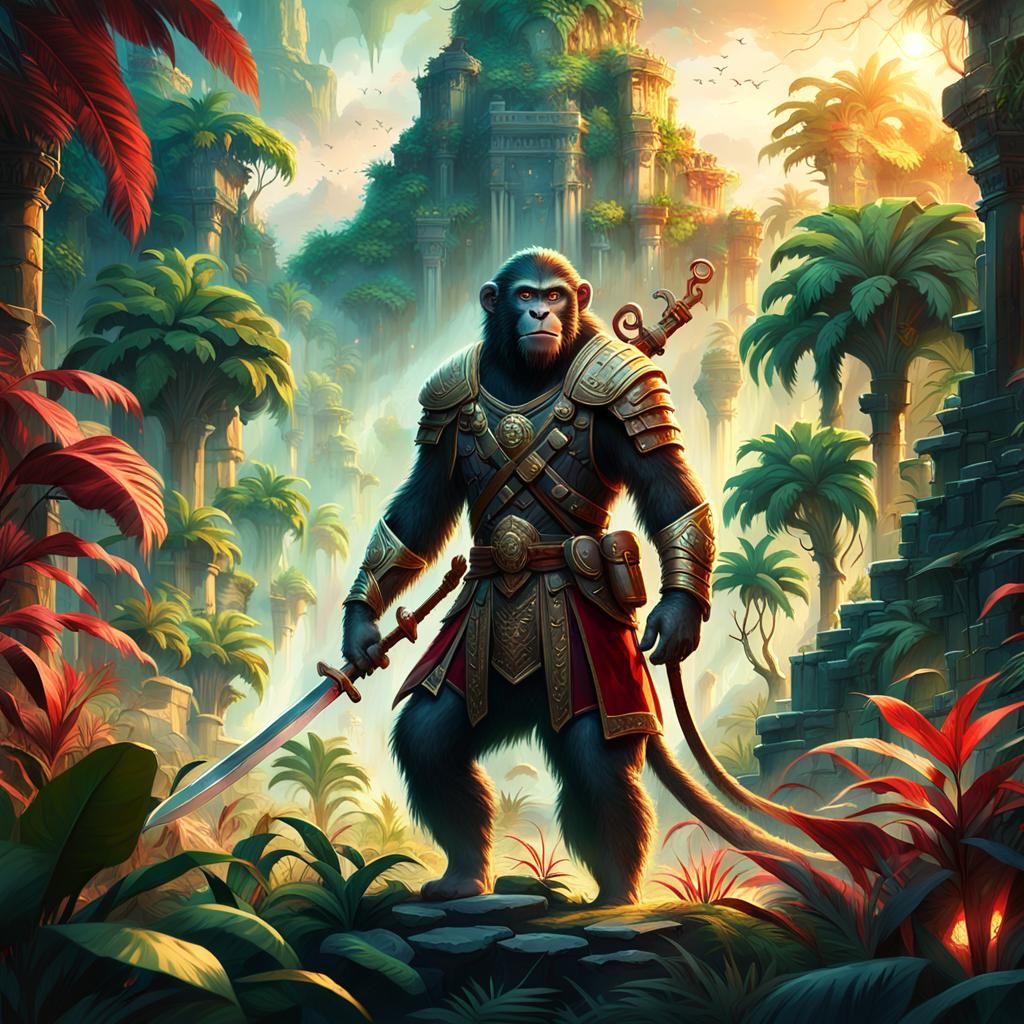 Heroic Monkey Soldier in Mystical Jungle Art