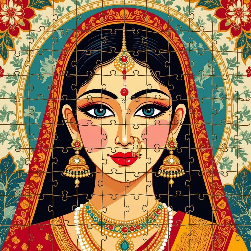 Hindu Woman Puzzle Portrait in Woodblock Print Style