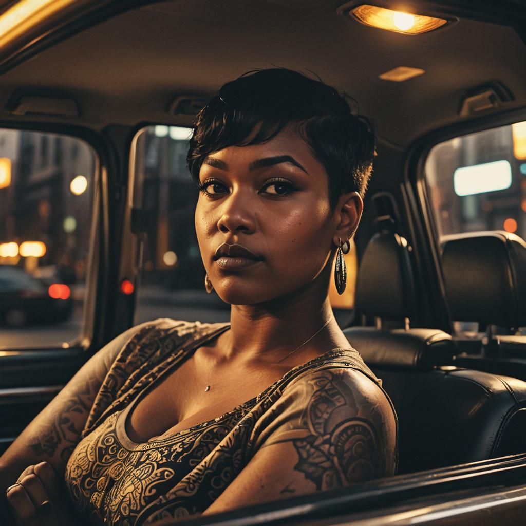 Curvy Woman in Taxi at Golden Hour