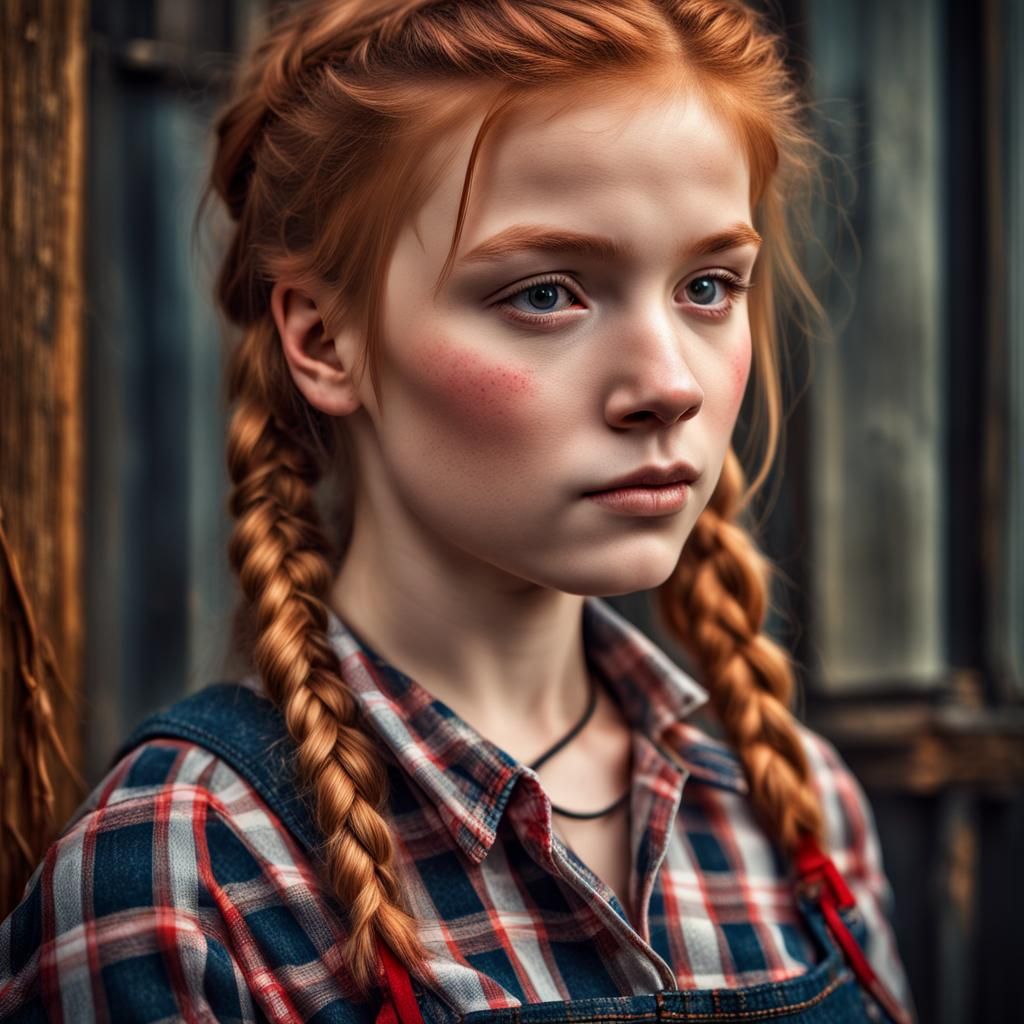 Girl with Braids in Overalls: Hyperrealistic Image