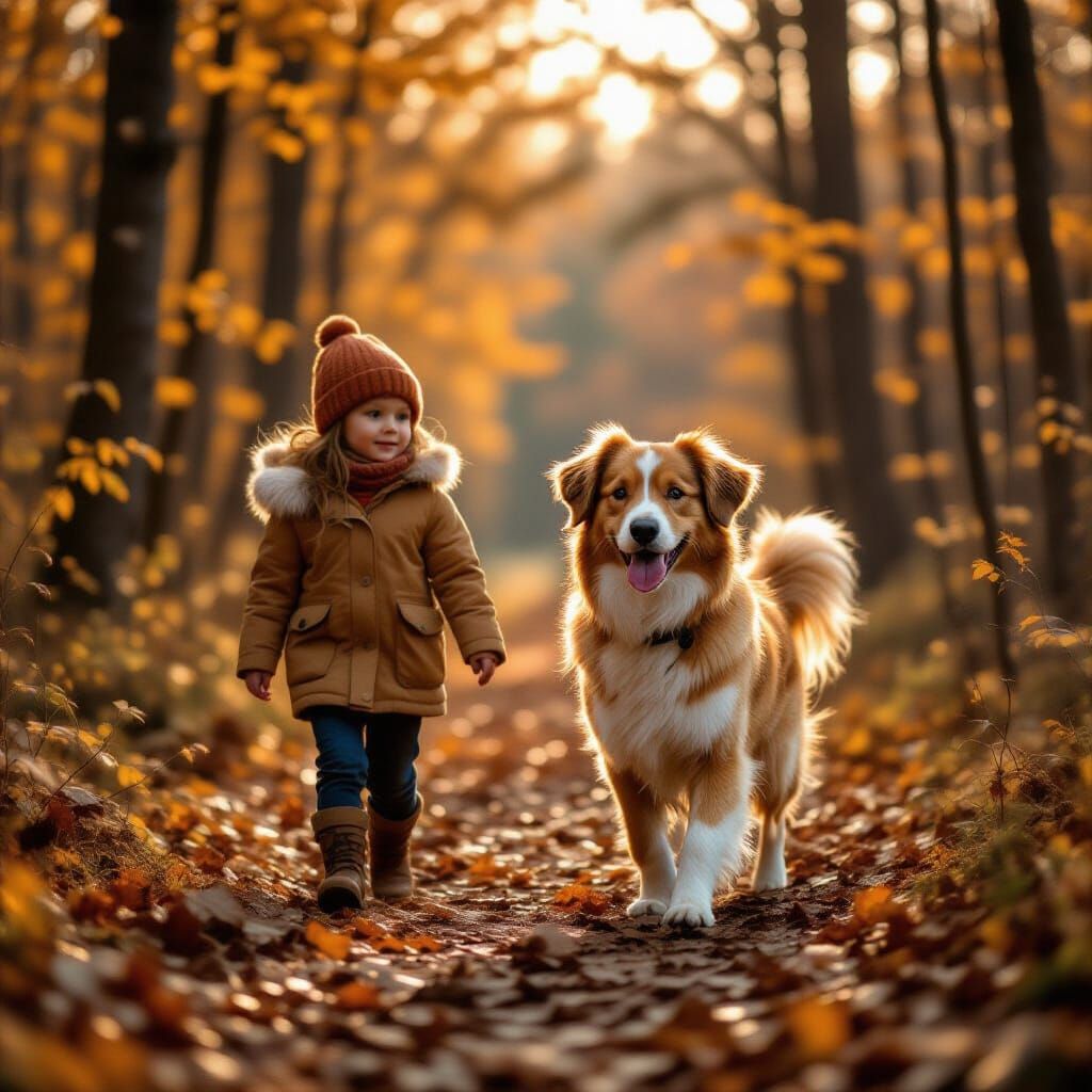 Cute Dog and Girl Walk in Autumn Forest