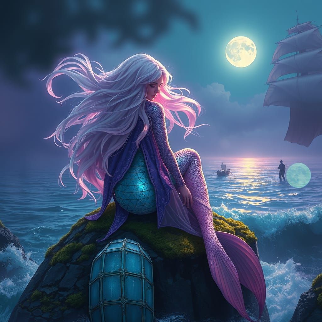 Cyber Mermaid in Moonlit Sea, Hyperrealistic Matte Painting