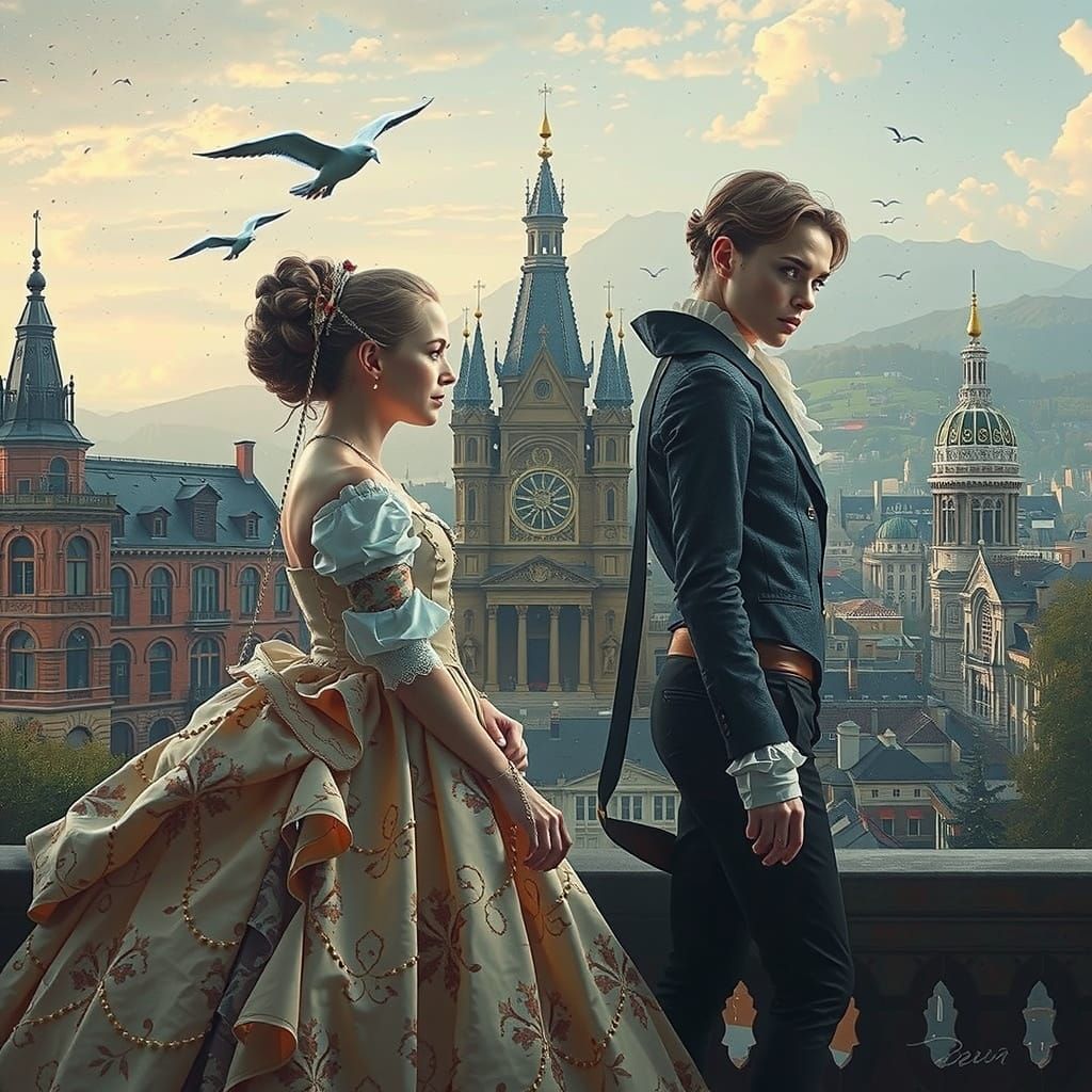 Two Women Across Time in Hyperrealistic Style