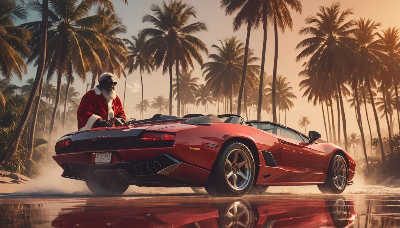 Black Santa Drives Lamborghini: Surreal Double Exposure