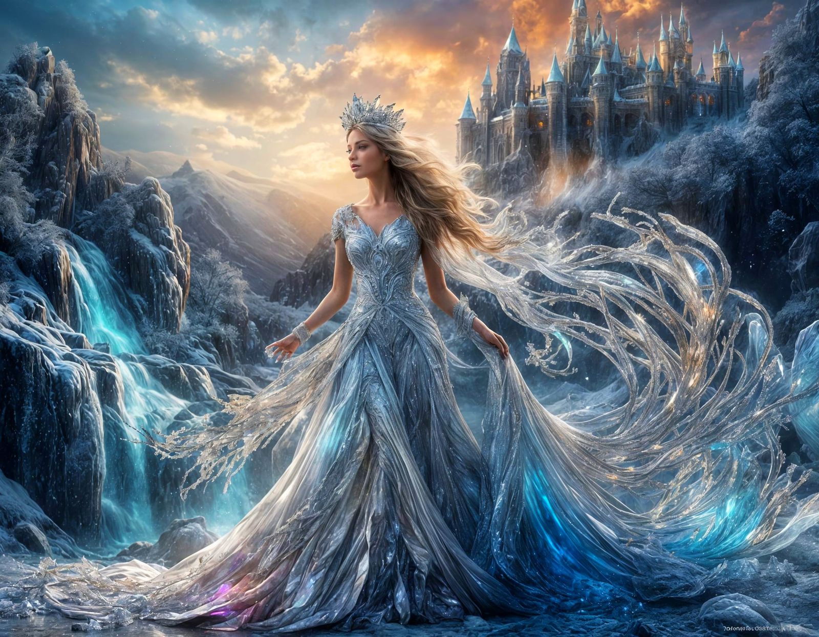 Crystal Ribbon Woman with Lion in Winter Landscape