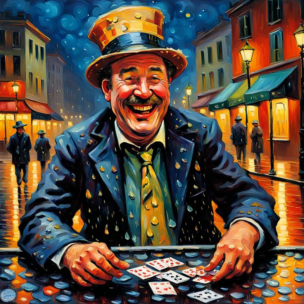Gambler Laughing in Rain: Impressionist Oil Painting