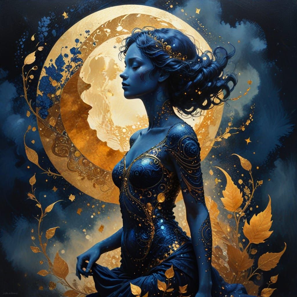 Moon Goddess in Gilded Velvet and Indigo Smoke
