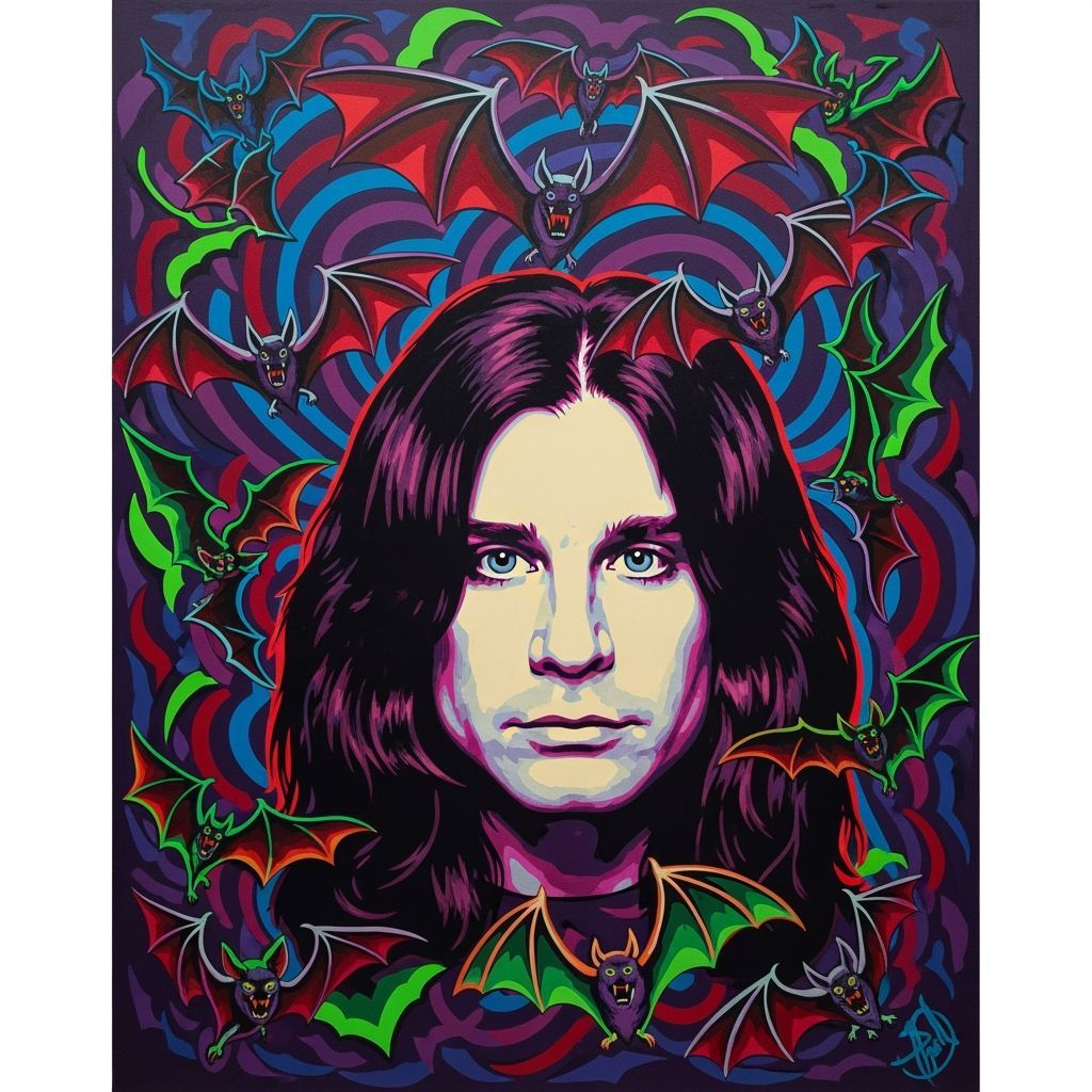 Psychedelic Portrait with Bats in Retrofuturist Style