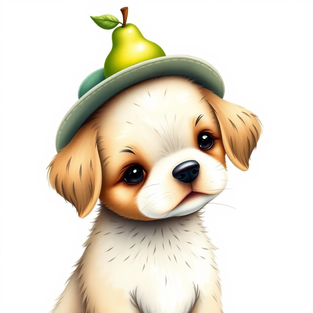 Puppy Balances Pear in Children's Book Illustration