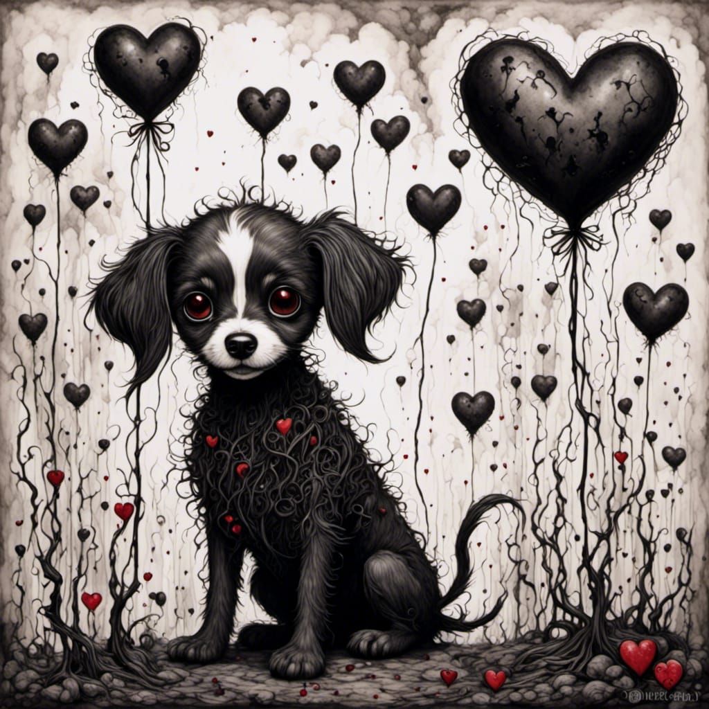 Gothic Valentine Puppy with Heart Balloons Etching