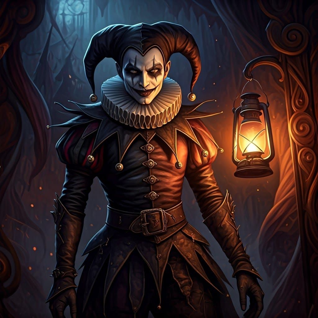 Gothic Jester Under Flickering Lantern