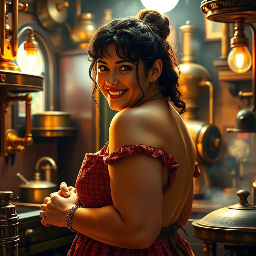 Steampunk Tradwife's Cozy Kitchen in Warm Brass and Wood