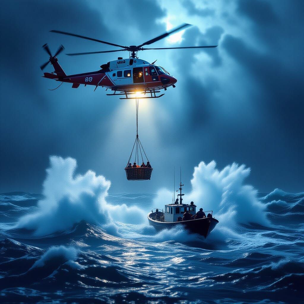 Coast Guard Helicopter Rescues Boat in Stormy Seas