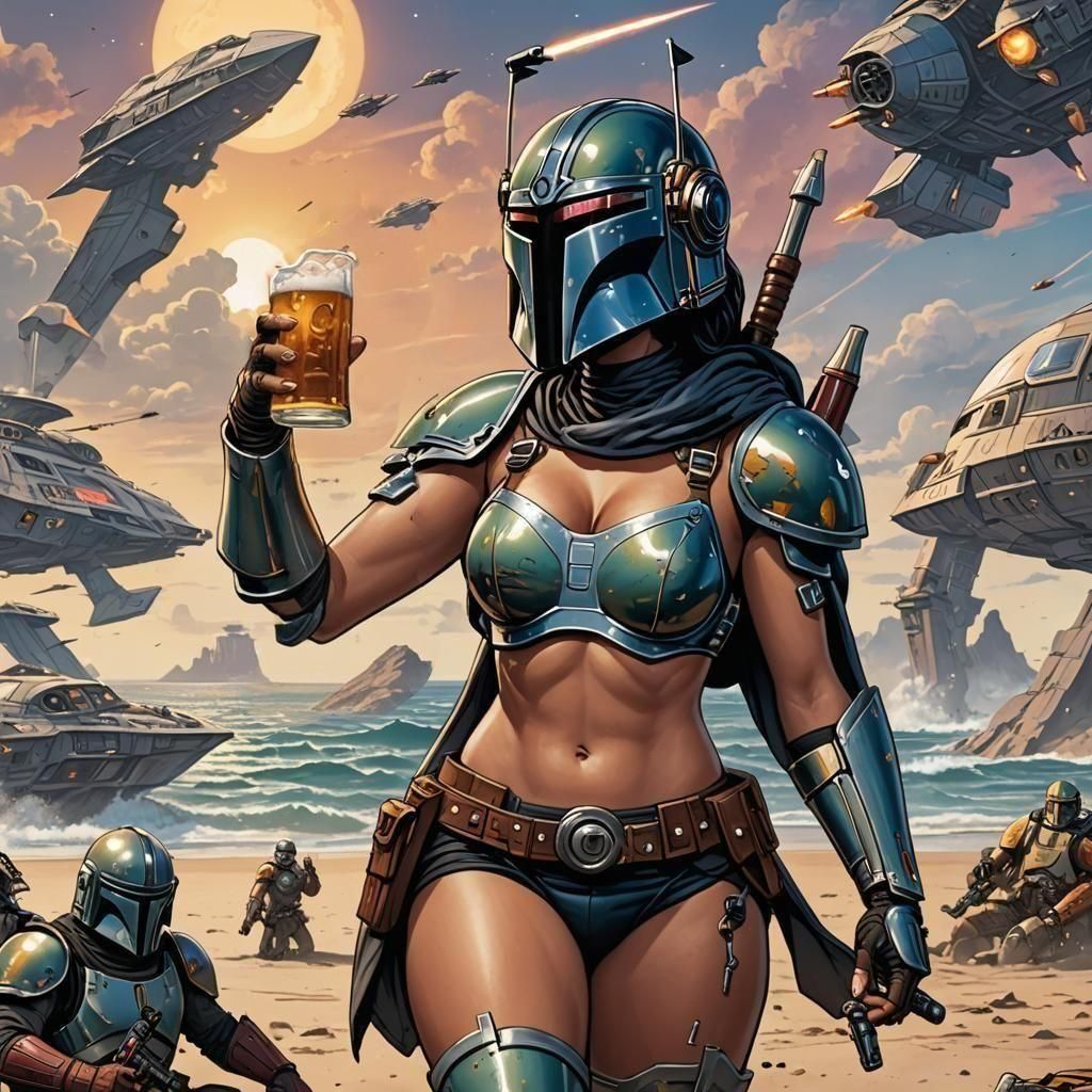 Voluptuous Mandalorian Warrior Amidst Scariff Battle