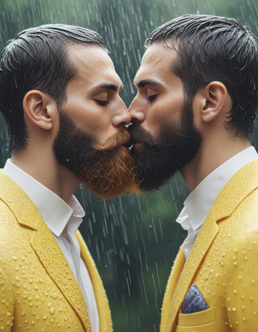 Gay Men in Elegant Summer Attire Kissing in Rain