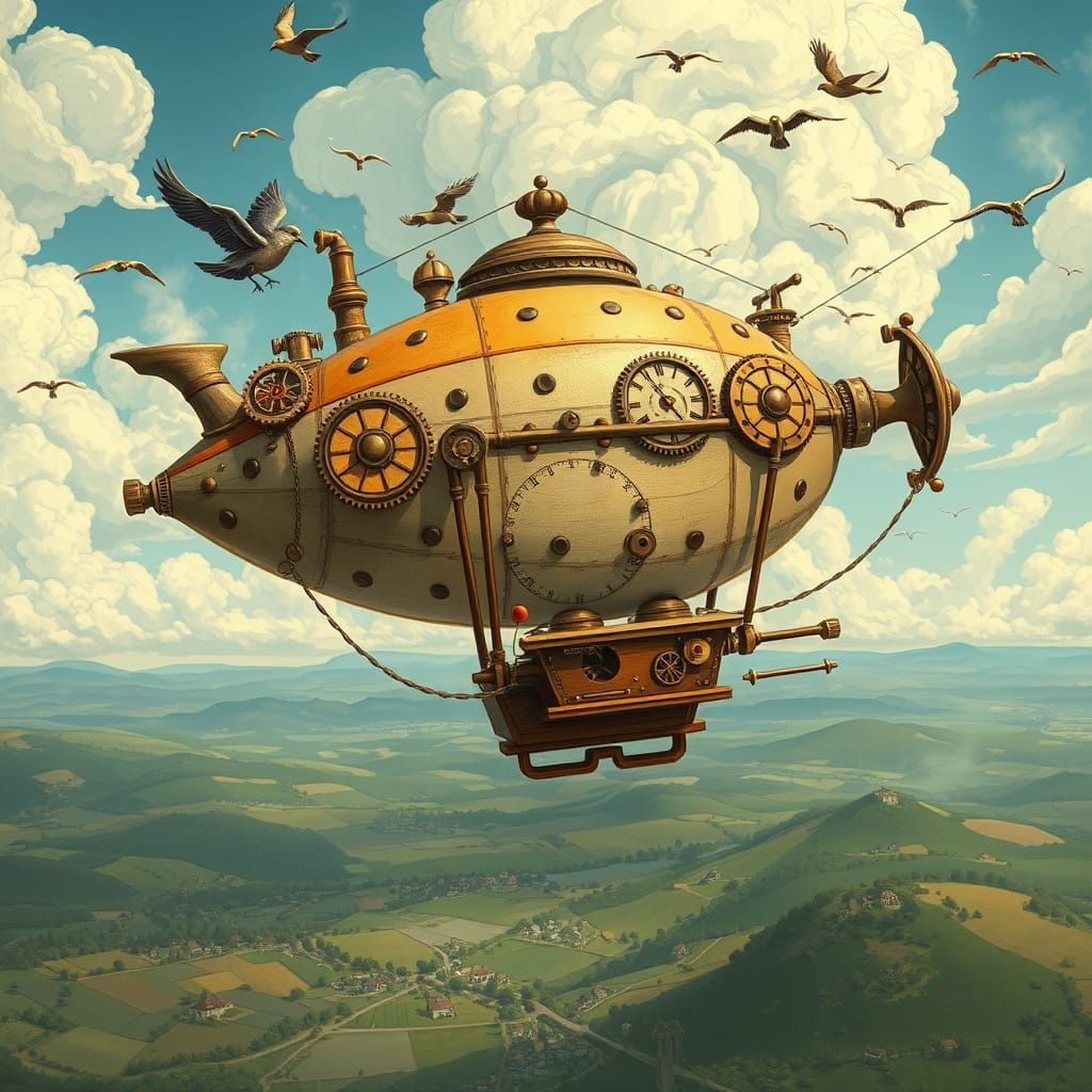 Steampunk Teapot Airship in a Whimsical Sky