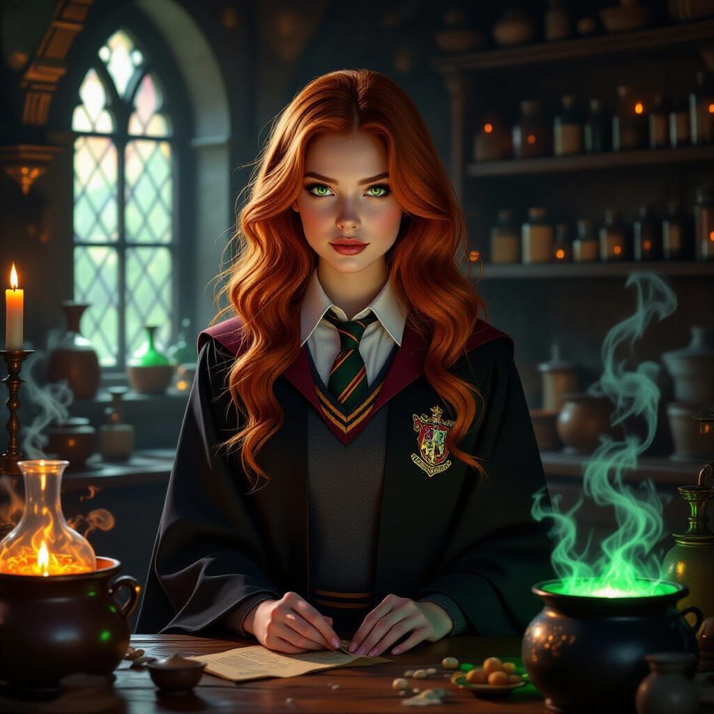 Fiery Witch in Potions Class, Ethereal Digital Art