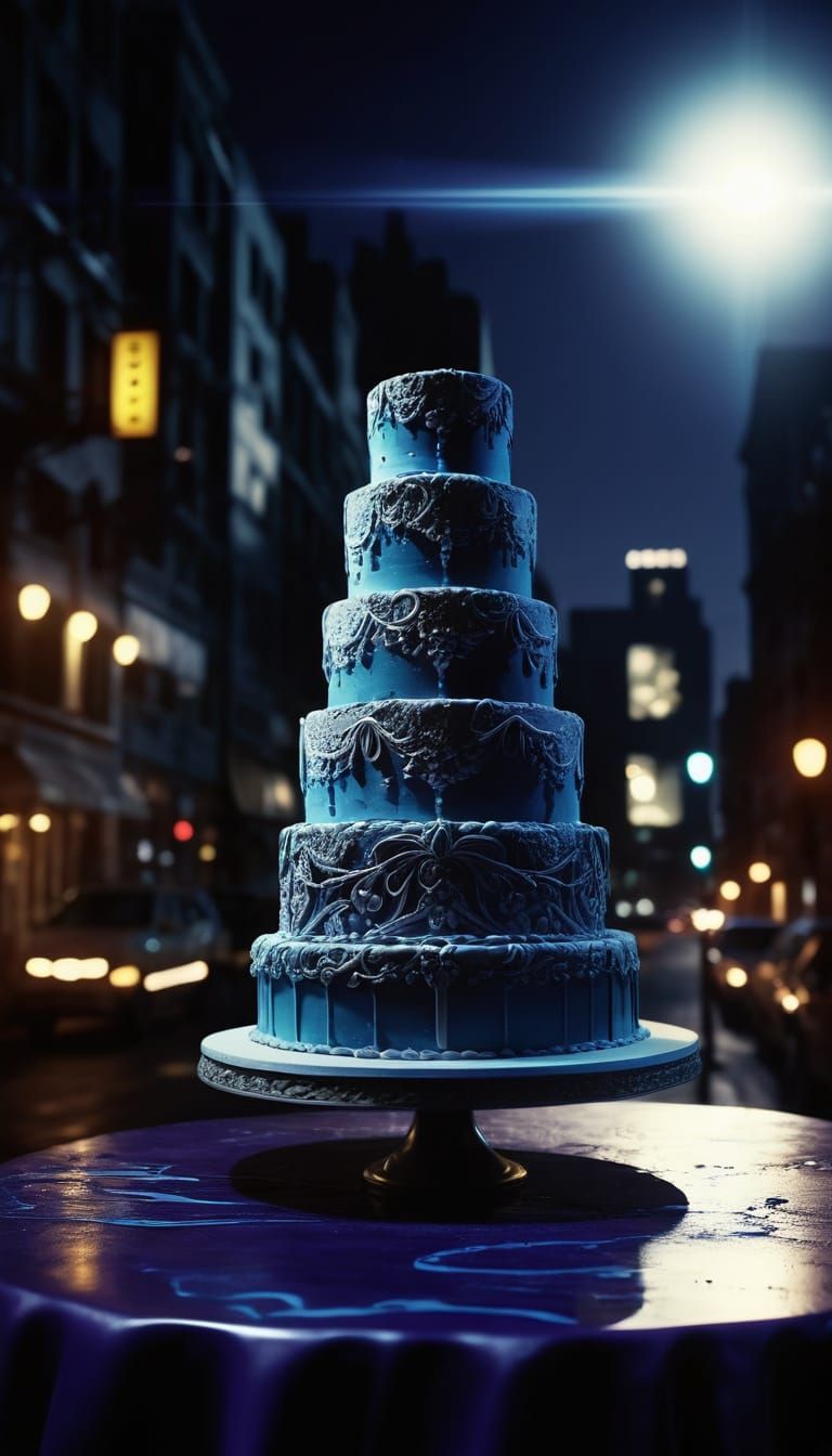 Ethereal Wedding Cake in a Dark Fantasy Cityscape
