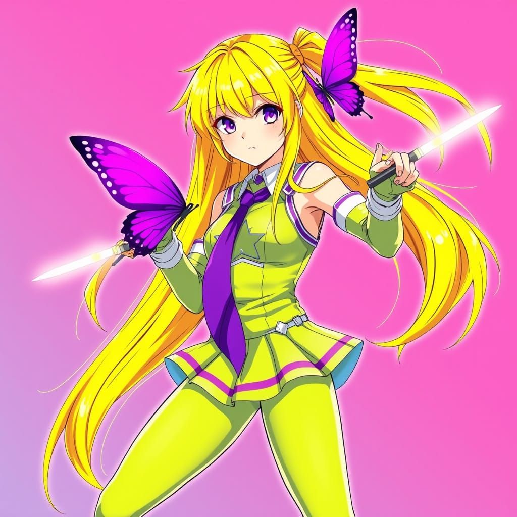 Anime Girl Transformed by Vibrant Purple Butterfly