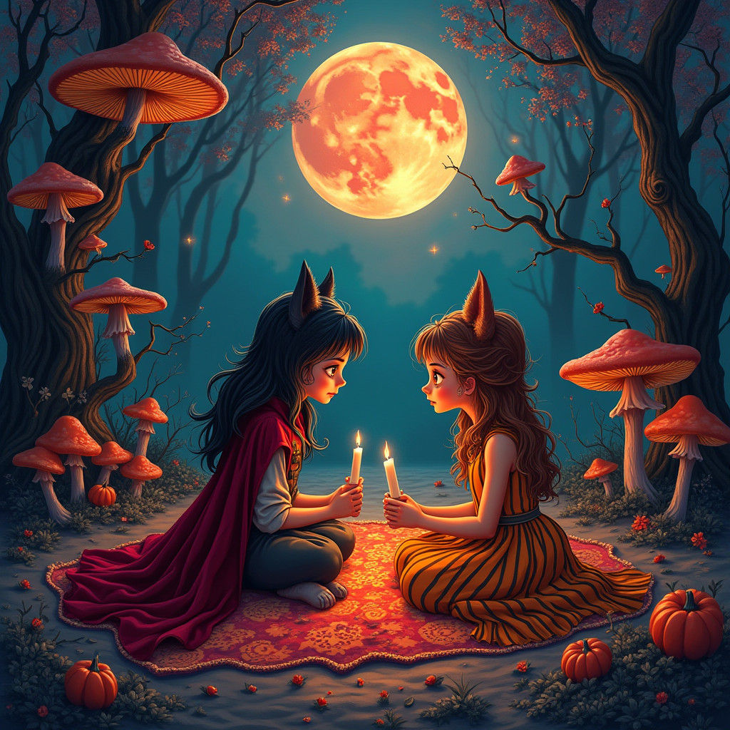 Vampire and Werewolf Picnic in Candyland Gouache Style