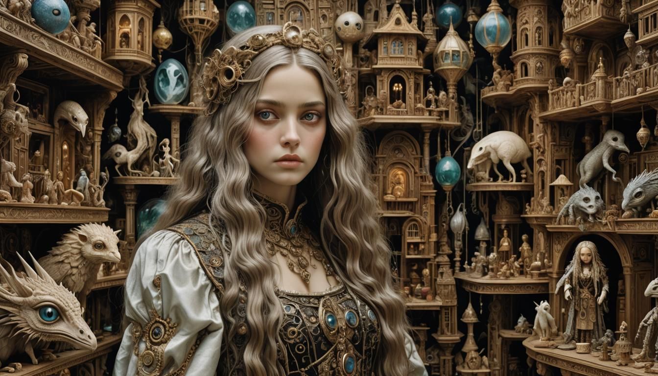 Surreal Bio Art: Woman in Mystical Dollhouse