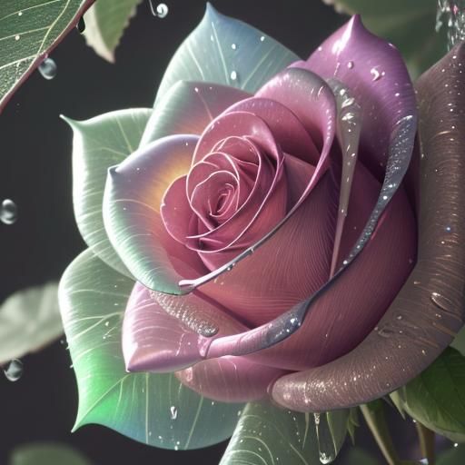 Glass Rose with Iridescent Raindrops in Hyperrealistic Detai...