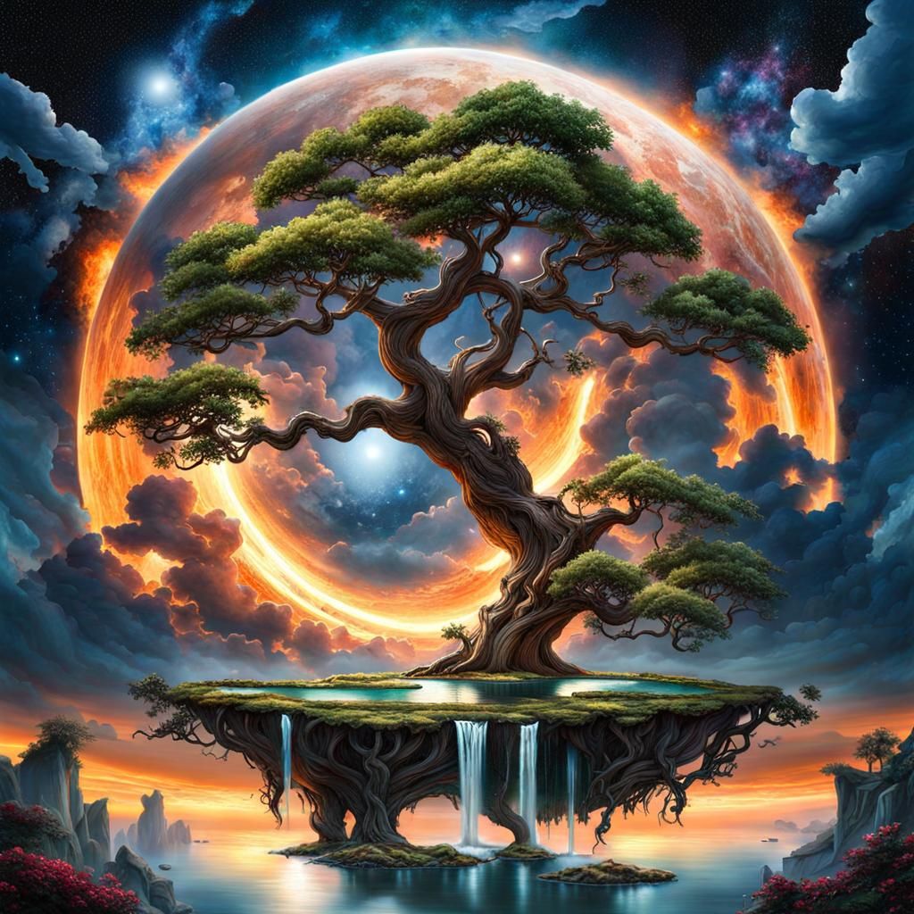 Clockpunk Crystal Bonsai Village under Starry Sky