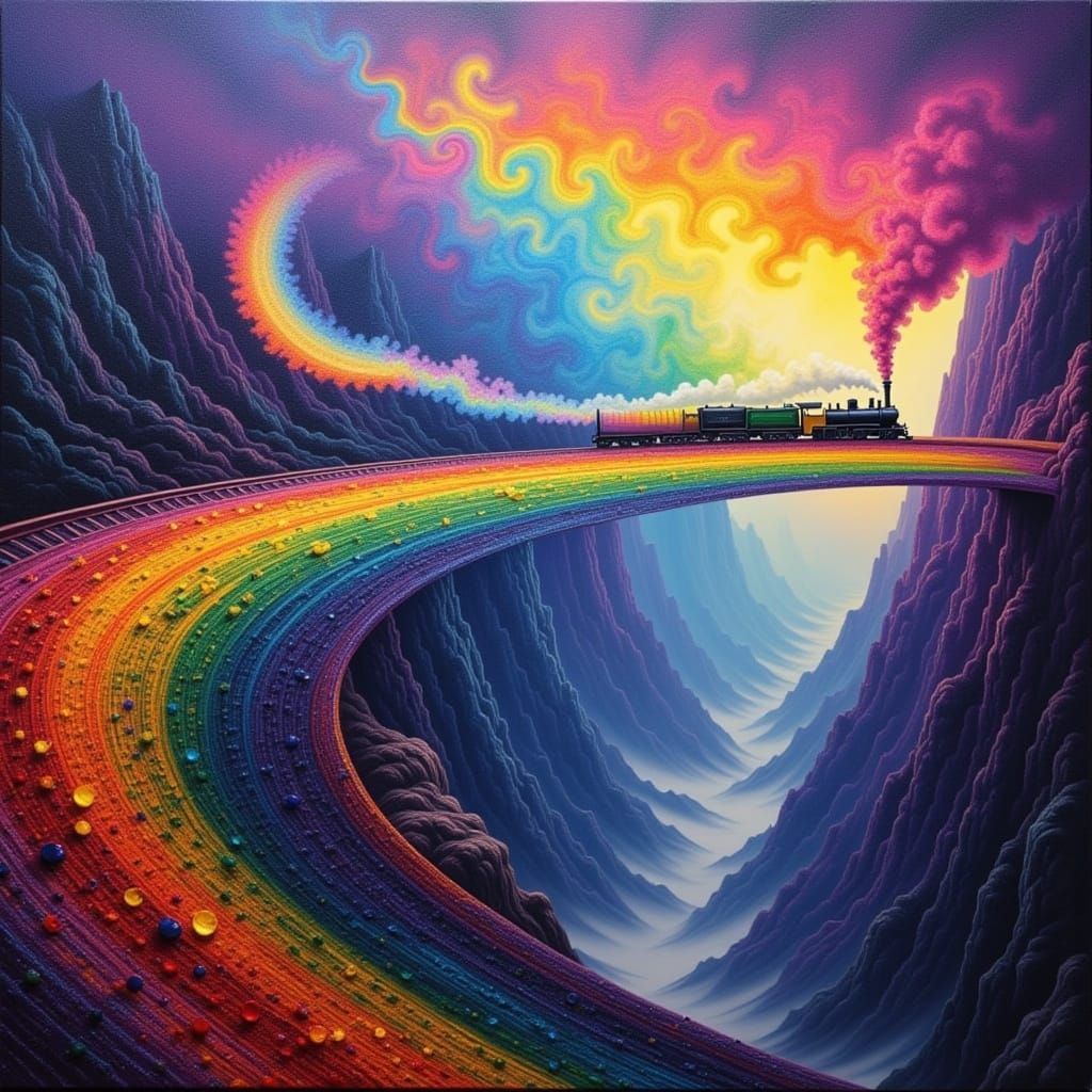 Steam Train on Rainbow Bridge Impasto Painting