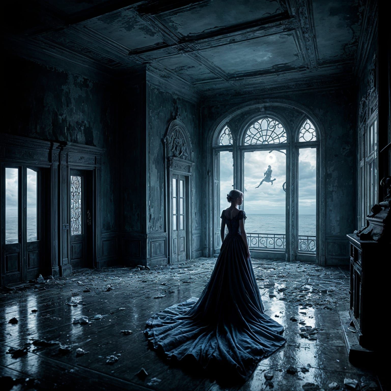 Ghost glides to the widow's walk of an derelict mansion