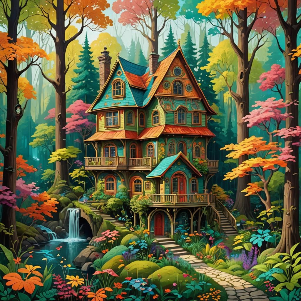 Unique House in Woods: Dreamlike Digital Painting