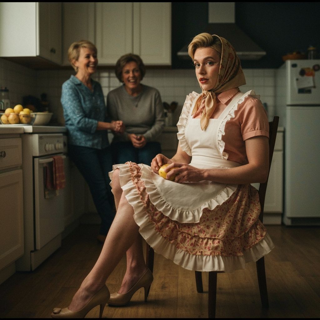 Feminine Man in Vintage Apron Dress Peeling Potatoes