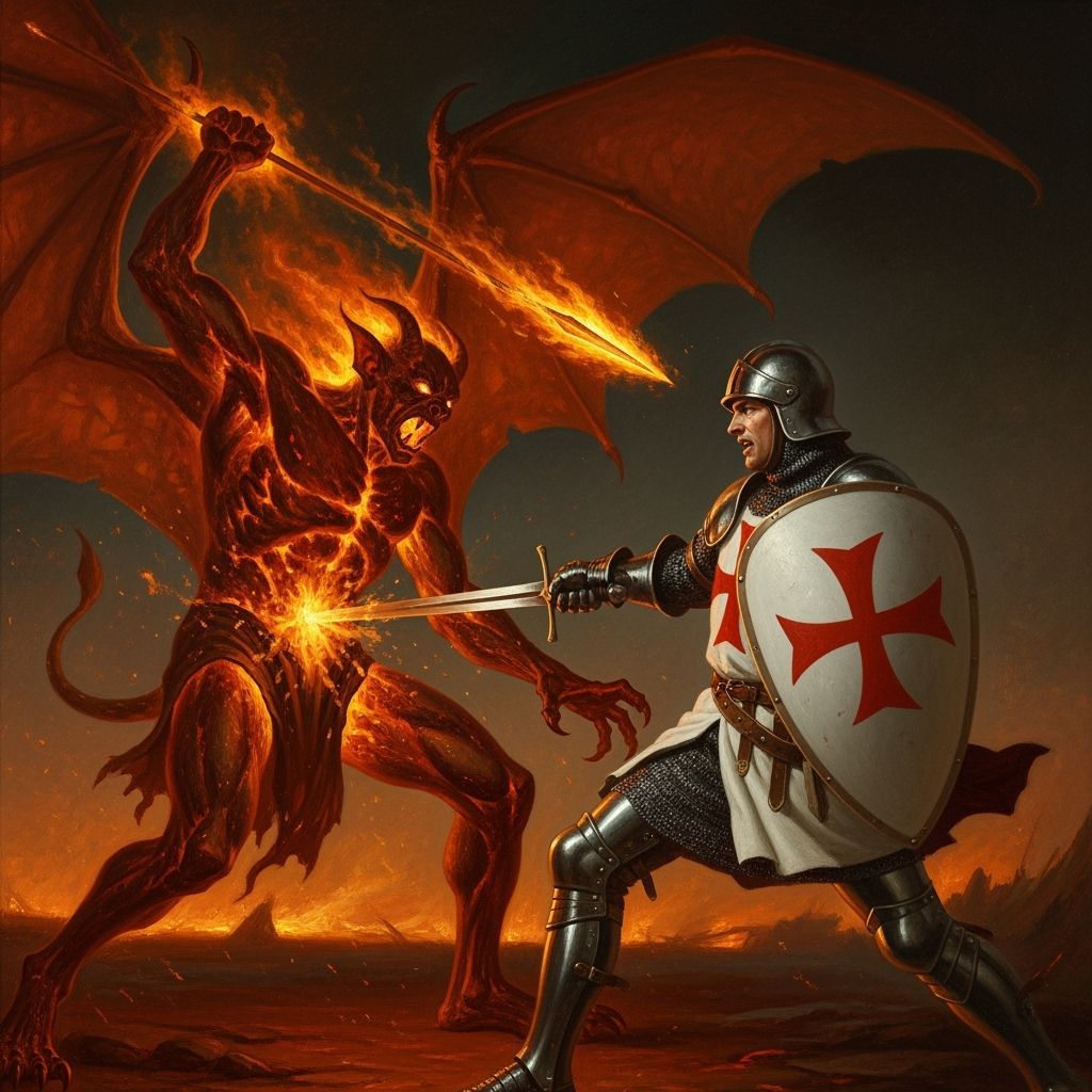 Knight Battles Fiery Demon in Dramatic Oil Painting