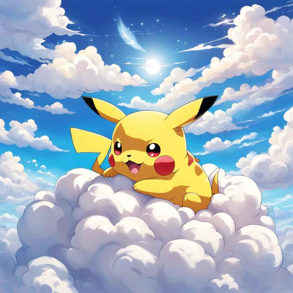 Pikachu Sleeping on Cloud in Anime Style
