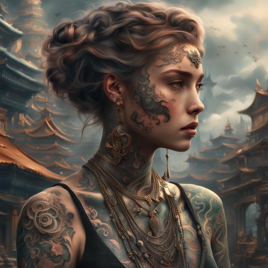 Girl with Intricate Tattoos: Digital Matte Painting