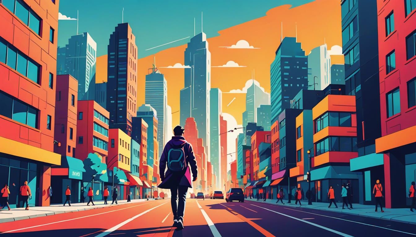 Person Walking in Sunny City: Flat Illustration